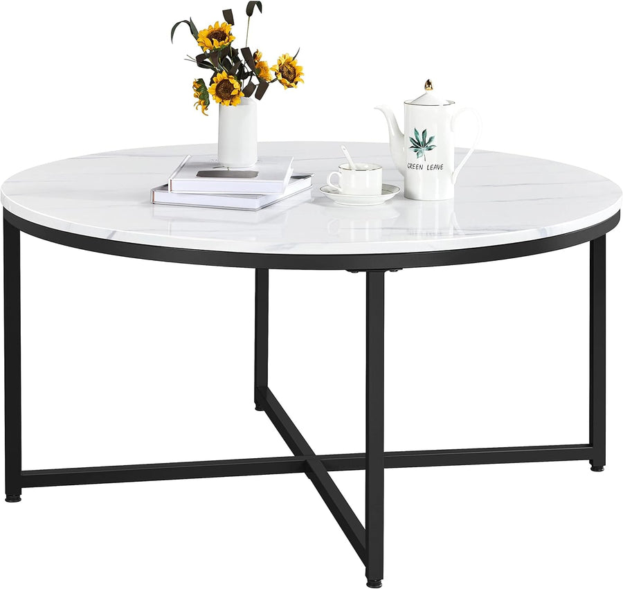 Faux Marble Coffee Table, Modern Round Accent Table, White, Black