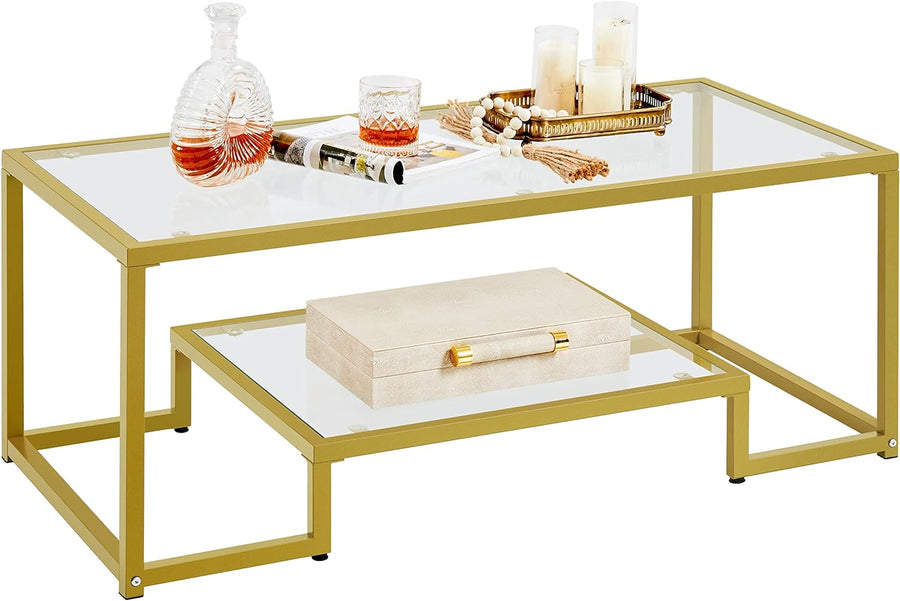 Yaheetech Gold Rectangular Glass Coffee Table for Living Room