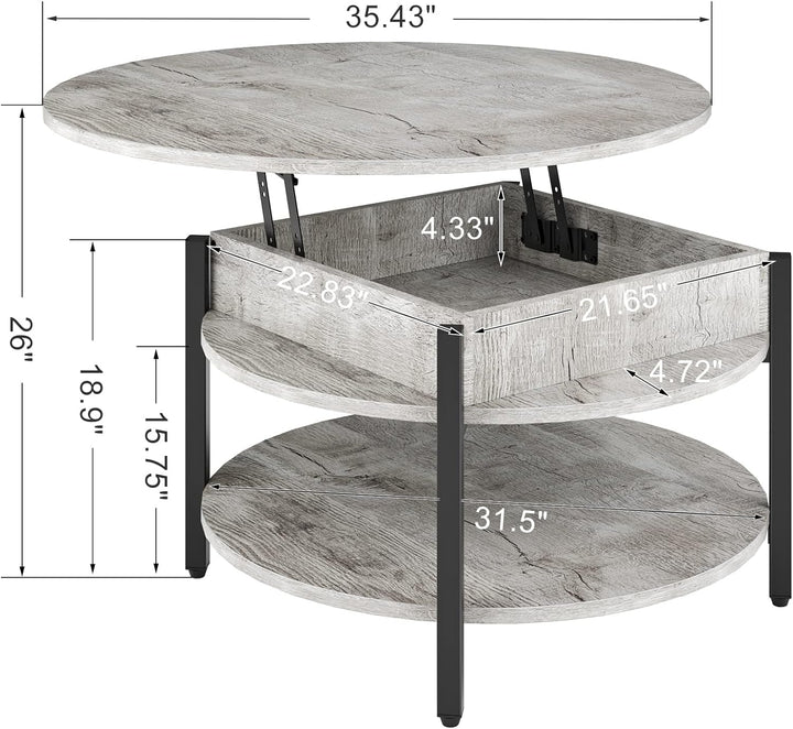 Lift Top Coffee Table with Storage, 35.43" Round Dining Table, Gray