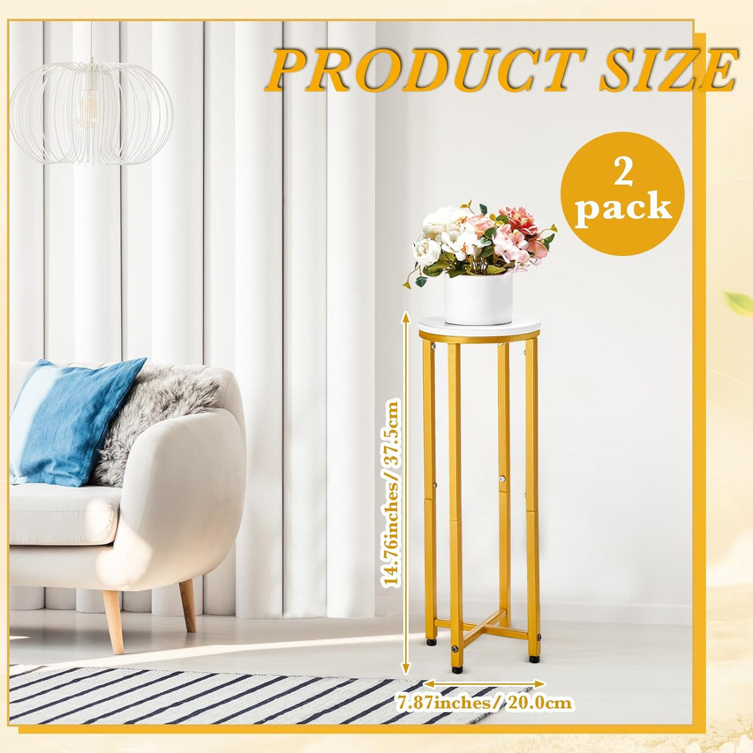 2 Pcs White Marble Side Table Round Drink Table 7.87 x 7.87 x 22.83 Collapsible Gold Metal Accent Table