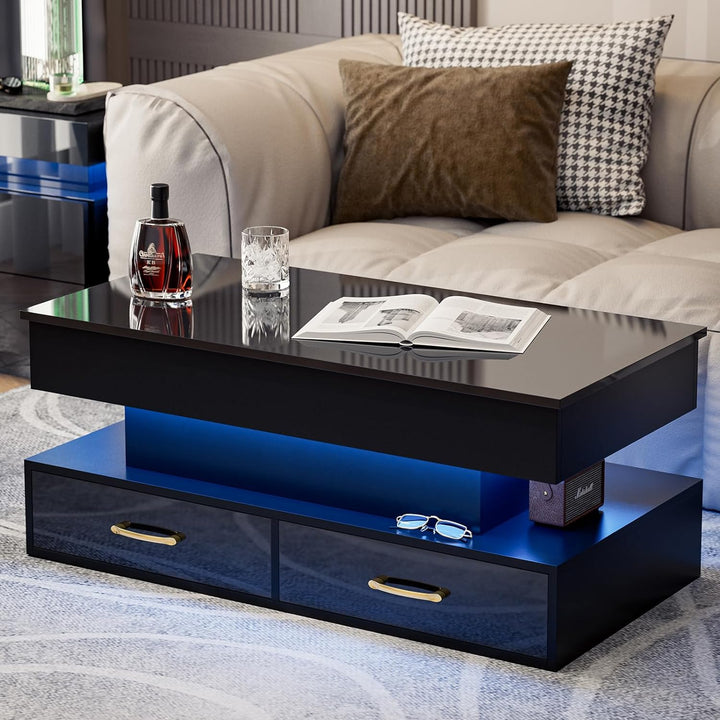 Lift Top Coffee Table with LED Lights, 2 Drawers, Black