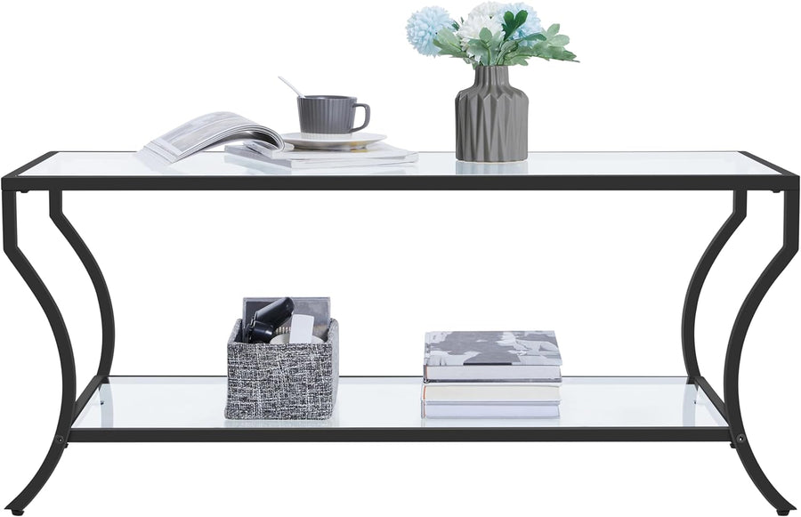 Stylish Glass Coffee Table, Modern Rectangle Design, Black