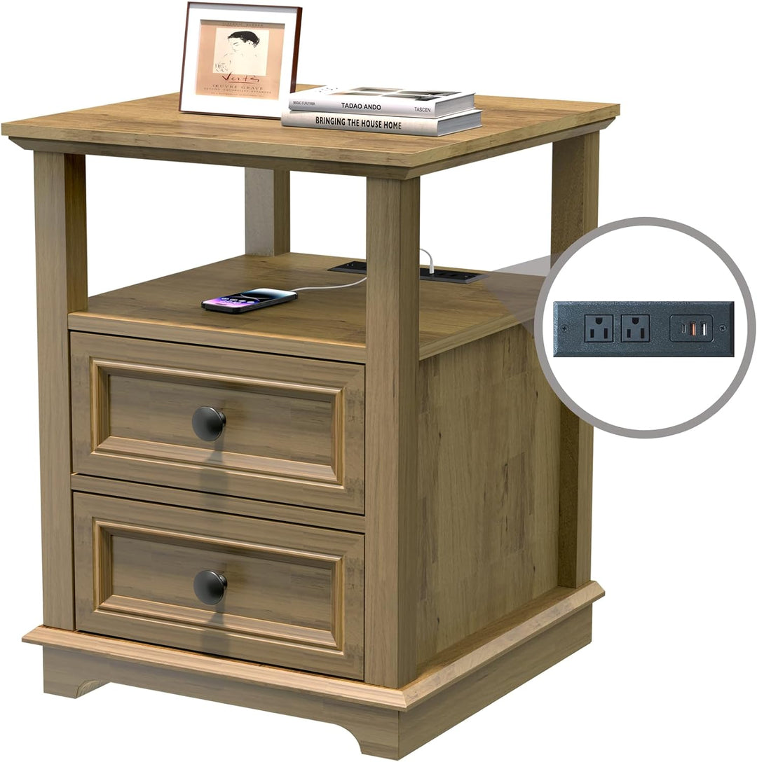 End Table w/ USB C Charging, 24" Sofa Side Table, 2 Drawers