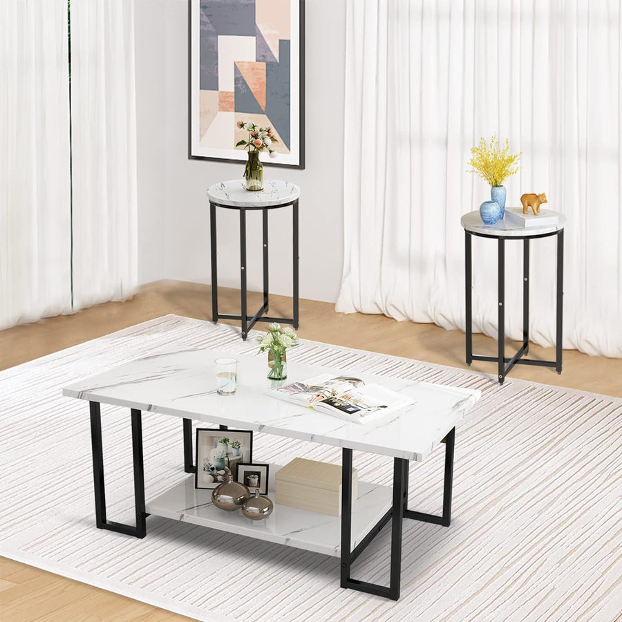 Faux Marble Coffee Table Set with Round End Tables, Metal Frame