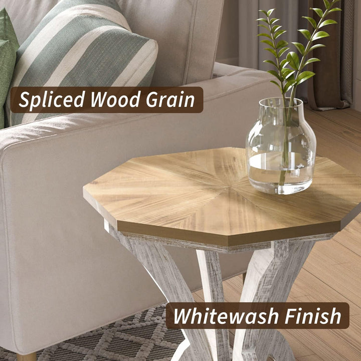 Set of 2 Rustic Accent End Table, Octagonal Farmhouse Wood Side Table