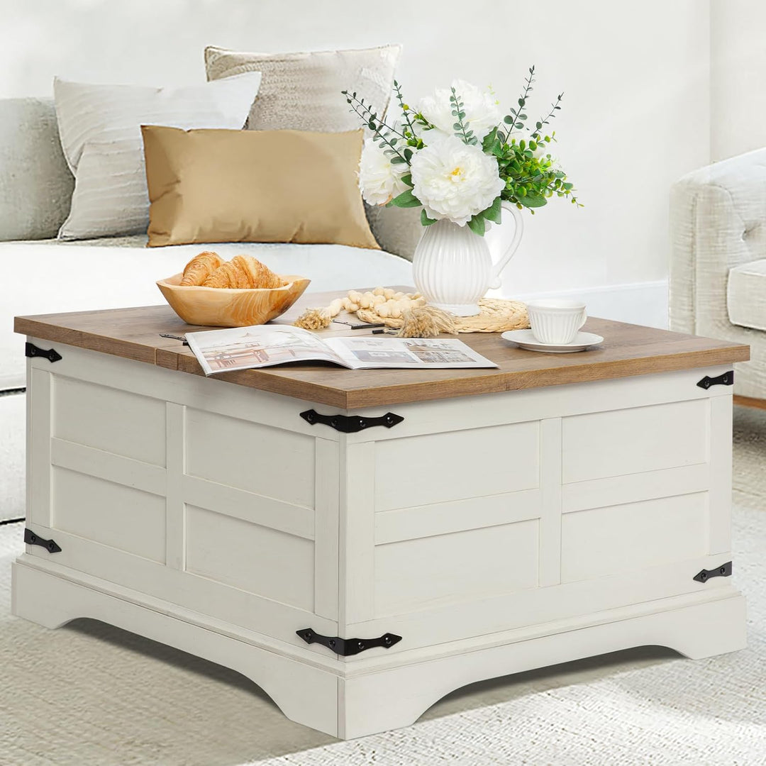 Farmhouse Coffee Table with Lift Top Storage, Rustic Wood, Antique White