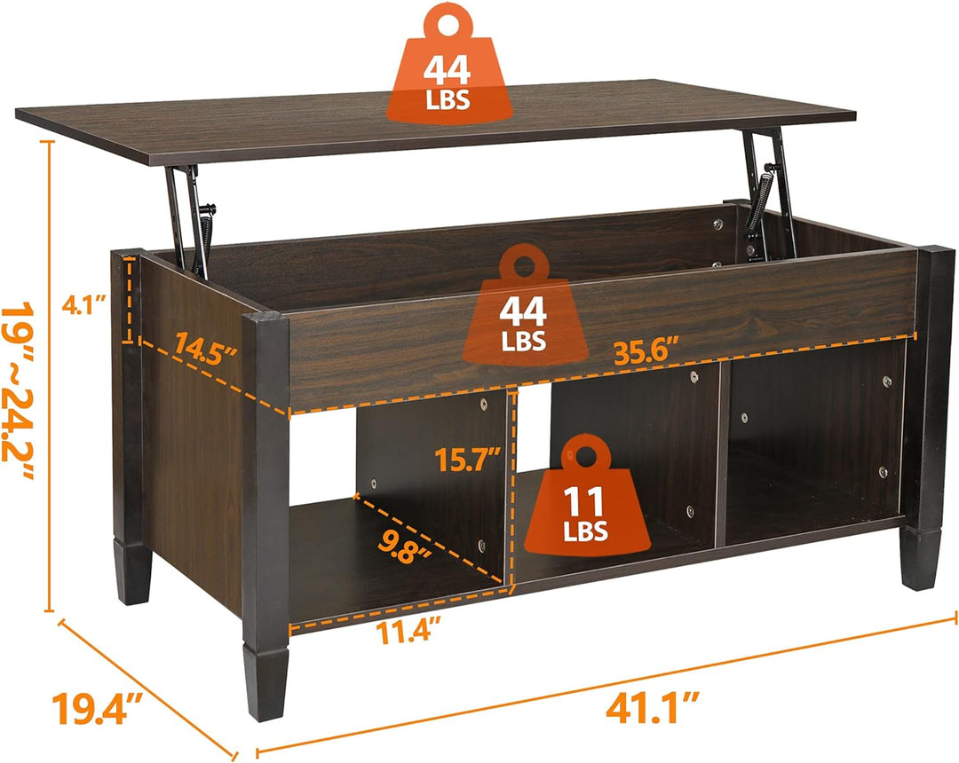 Lift Top Coffee Table with Hidden Compartment, Divided Shelves, Black