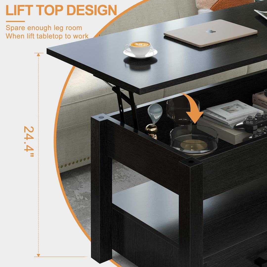 Lift Top Coffee Table with Storage, Open Shelf, Black