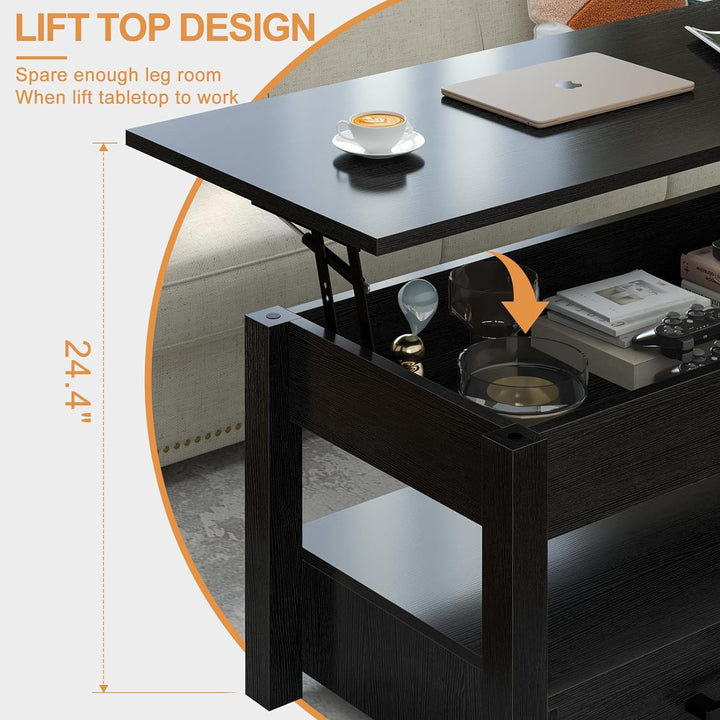 Lift Top Coffee Table with Storage, Open Shelf, Black