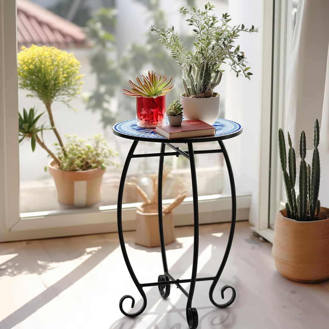 14" Round Outdoor Side Table, Metal Scrollwork Accent