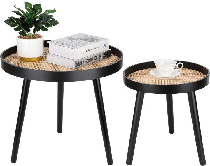 Rattan Round Side Table, Black, Modern Boho Accent Table