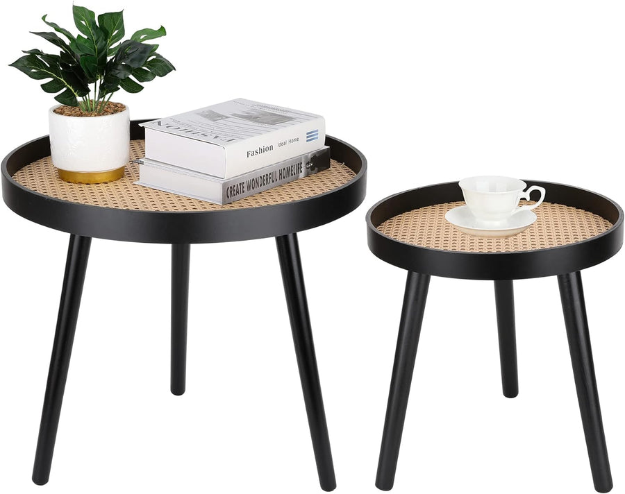 Rattan Round Side Table, Black Small End Table