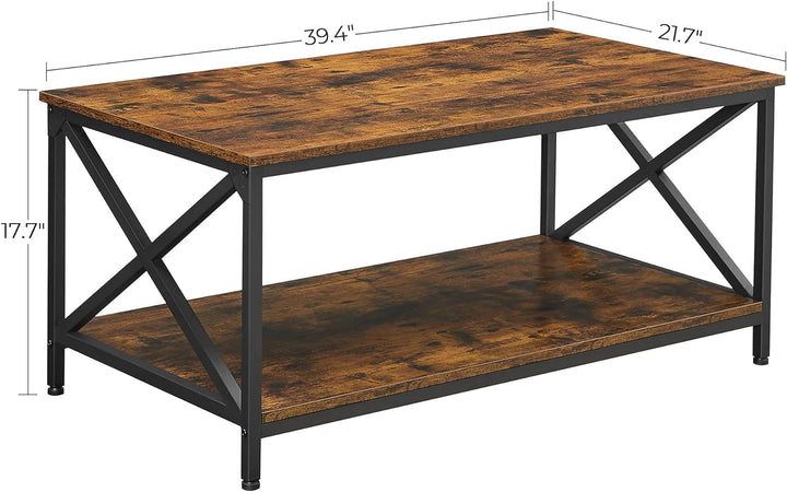 Rustic Coffee Table with Storage Shelf, Industrial Farmhouse