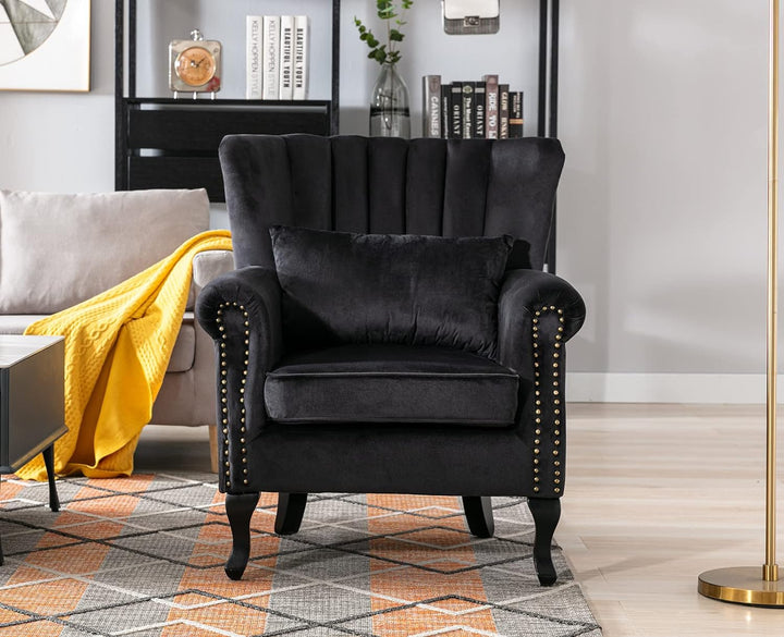 Black Velvet Wingback Chair with Pillow