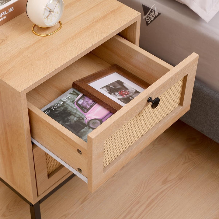 Nightstands Set of 2, Rattan Drawers, Metal Legs