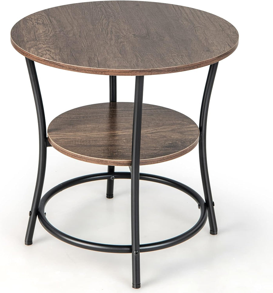 Round End Table, Industrial Side Table with 2 Storage Shelves & Sturdy Metal Frame