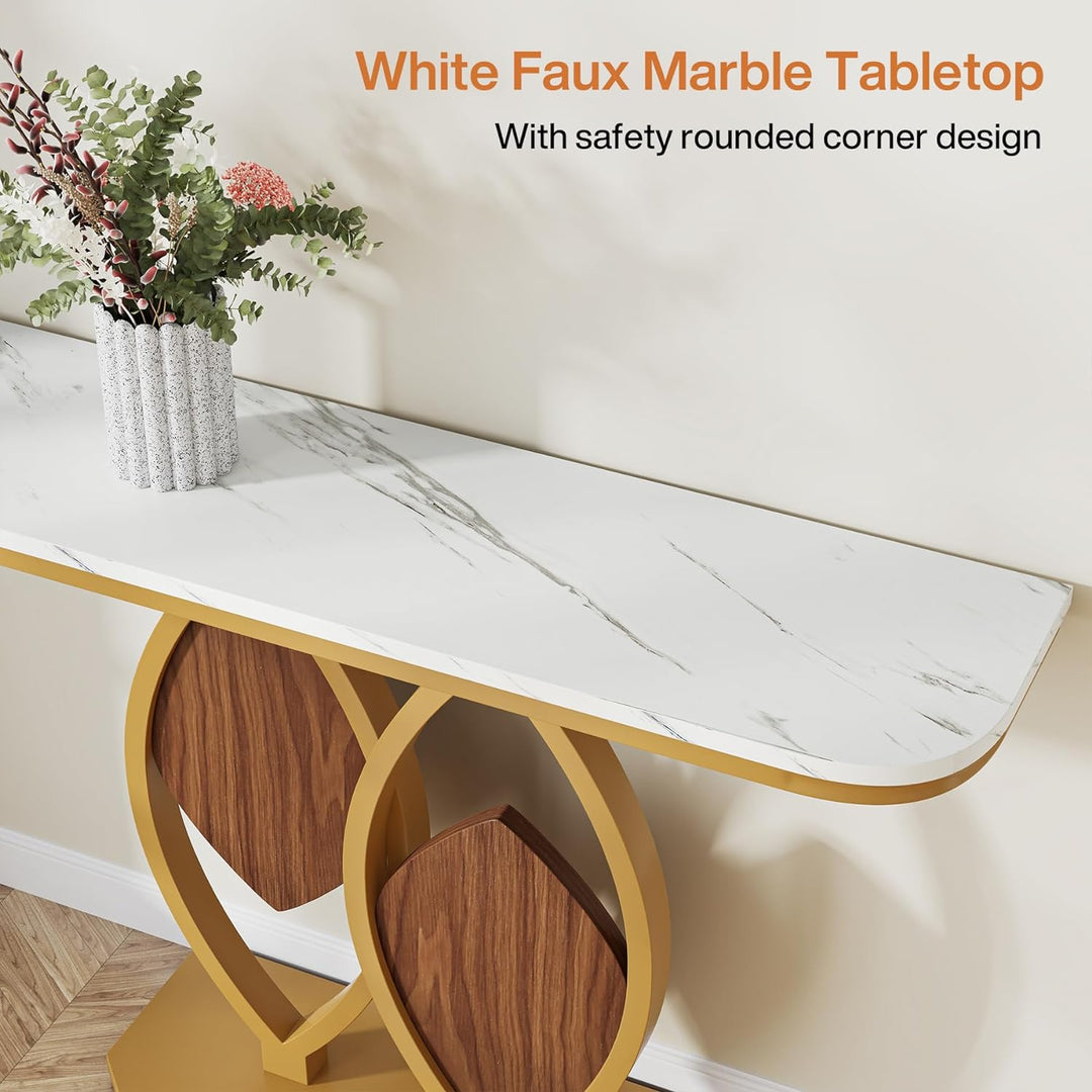 Gold Console Table, 41" Modern Entry Table with White Faux Marble Top