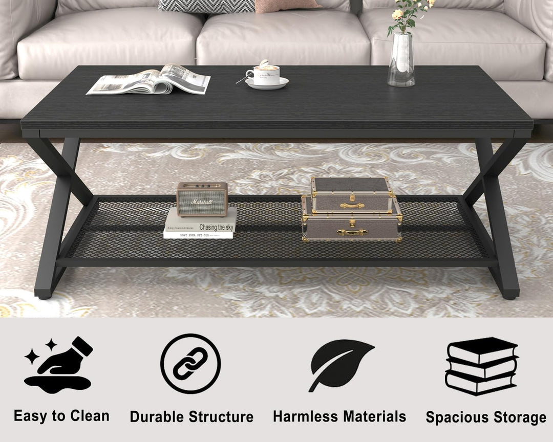 Elegant Black Oak Coffee Table, Modern 2-Tier Center Tables with Storage