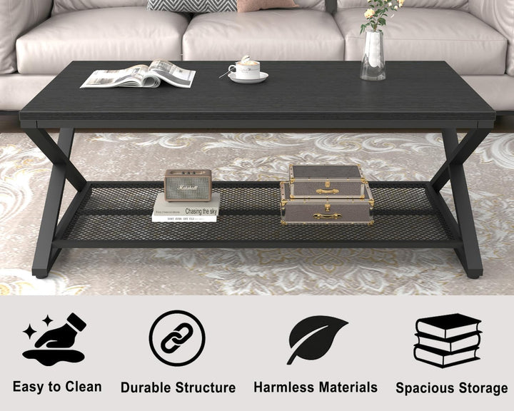 Elegant Black Oak Coffee Table, Modern 2-Tier Center Tables with Storage