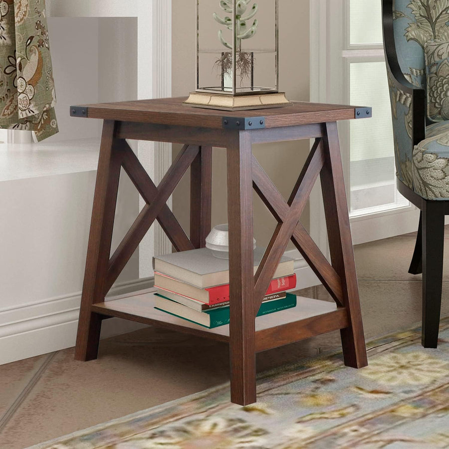 Side Table Farmhouse Accent Wood Nightstand 2-Tier Dark Walnut