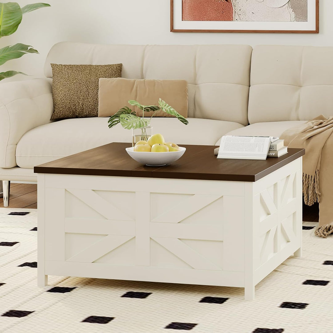 Farmhouse Lift Top Coffee Table with Hidden Storage, Charging Station, USB Ports, White