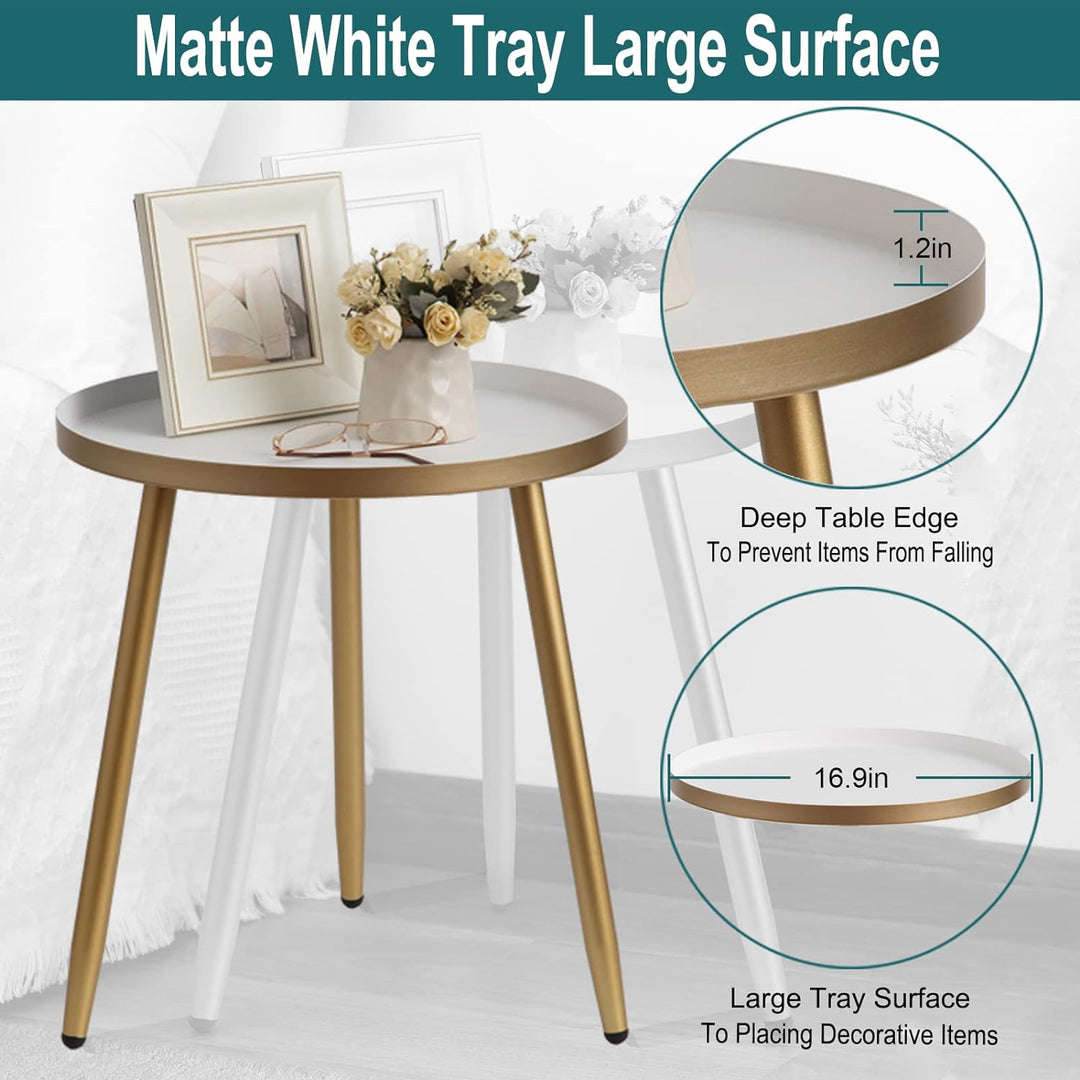 Small Round Side Table, White, 3 Gold Legs