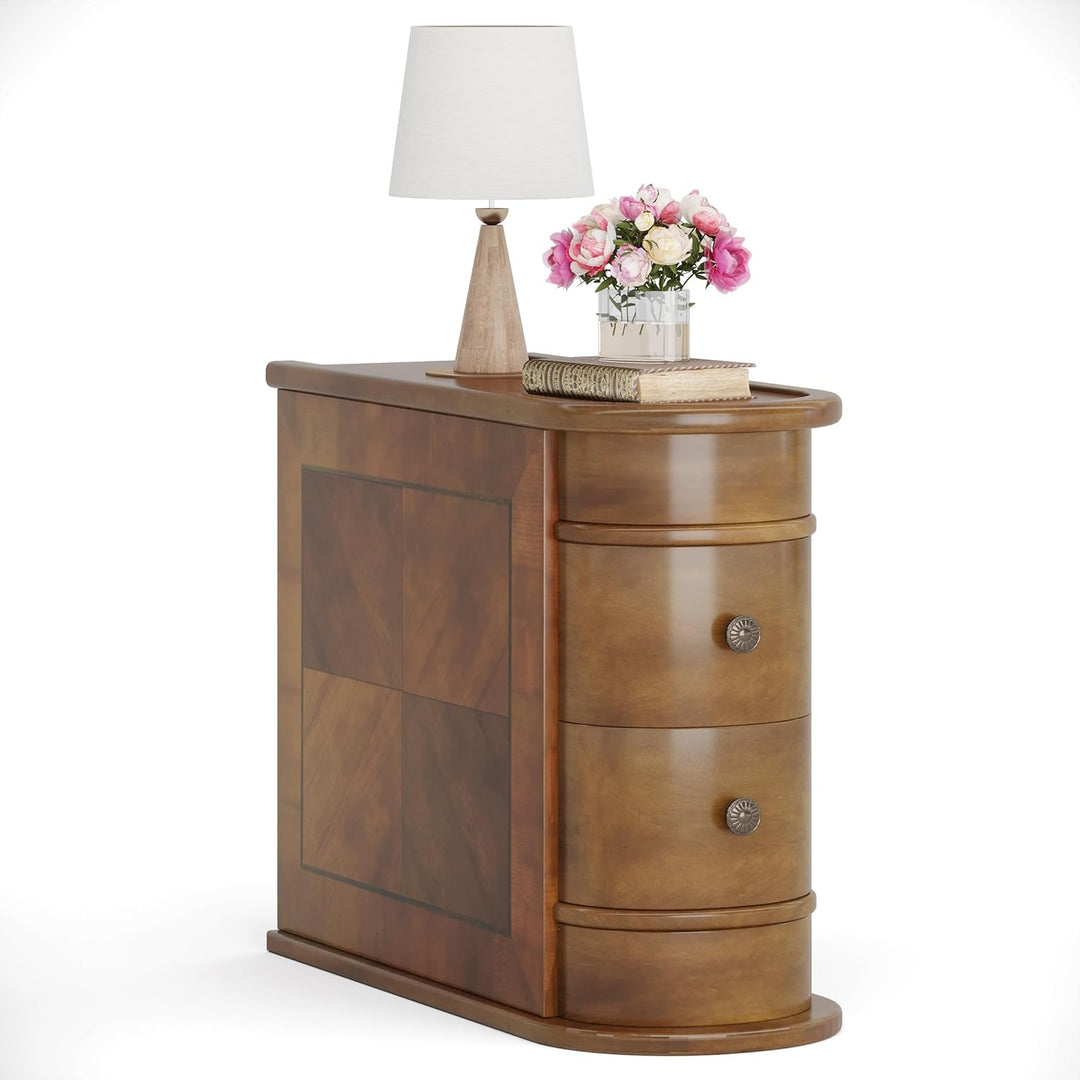 Wood End Table with 2 Drawers, Slim Nightstand