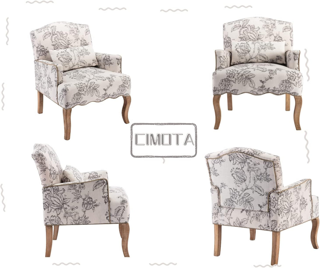 Floral Accent Chair Linen Upholstered Armchair