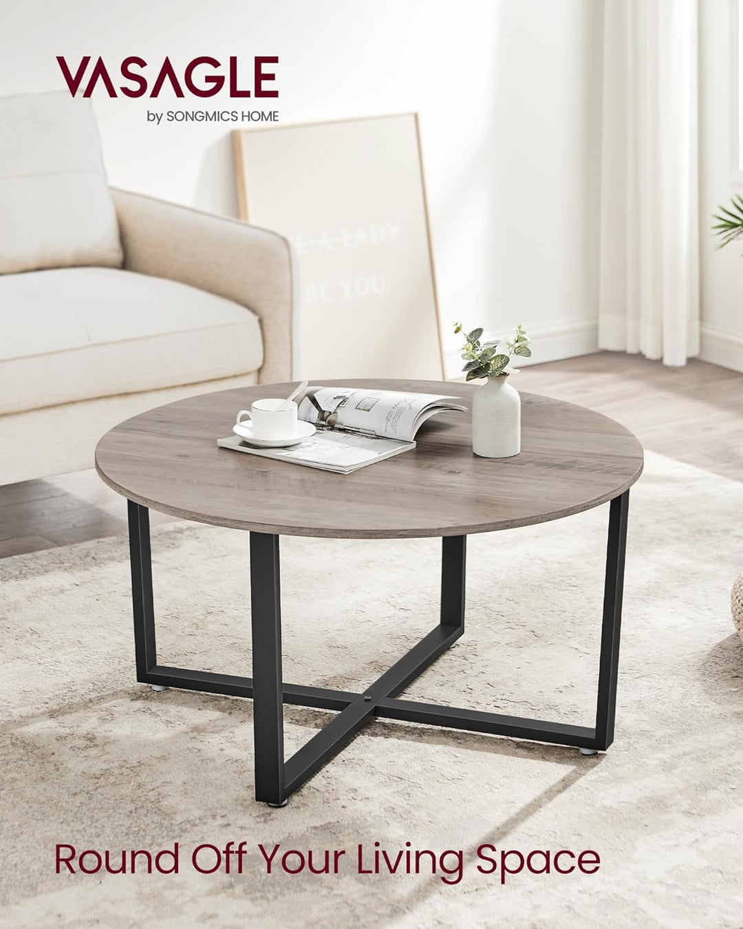 Durable Industrial-Style Round Coffee Table, Heather Greige