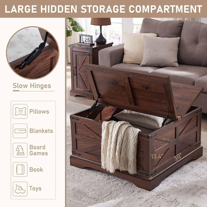 Farmhouse Coffee Table with Hidden Storage, Rustic Wooden Center Table, Brown