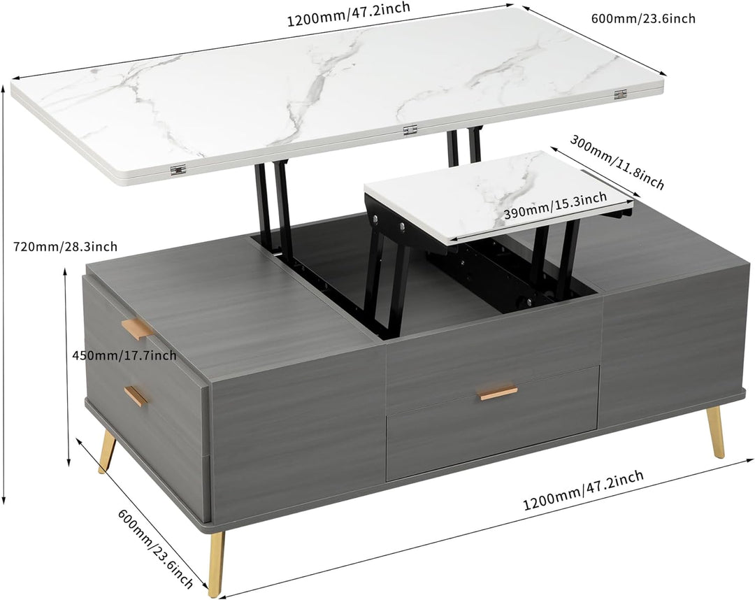 Merax Modern Lift Top Coffee Table, Convertible Dining, Grey & White