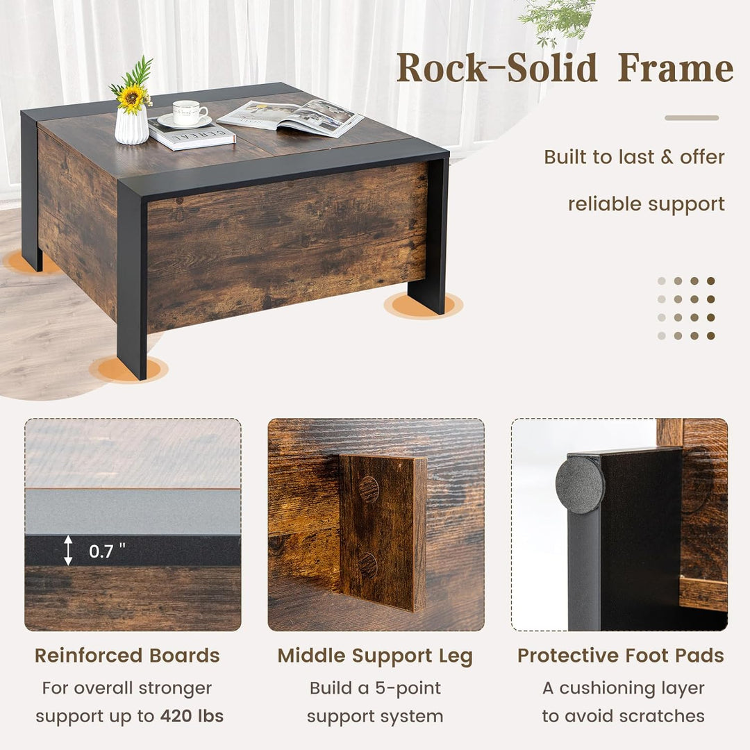 Sliding Top Coffee Table with Hidden Storage, Extendable Cocktail Table, Rustic Brown