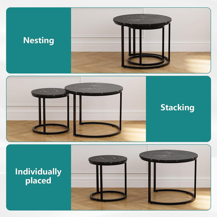 Black Nesting Coffee Table Set, Round Wood Grain Top, Industrial End Tables, Black