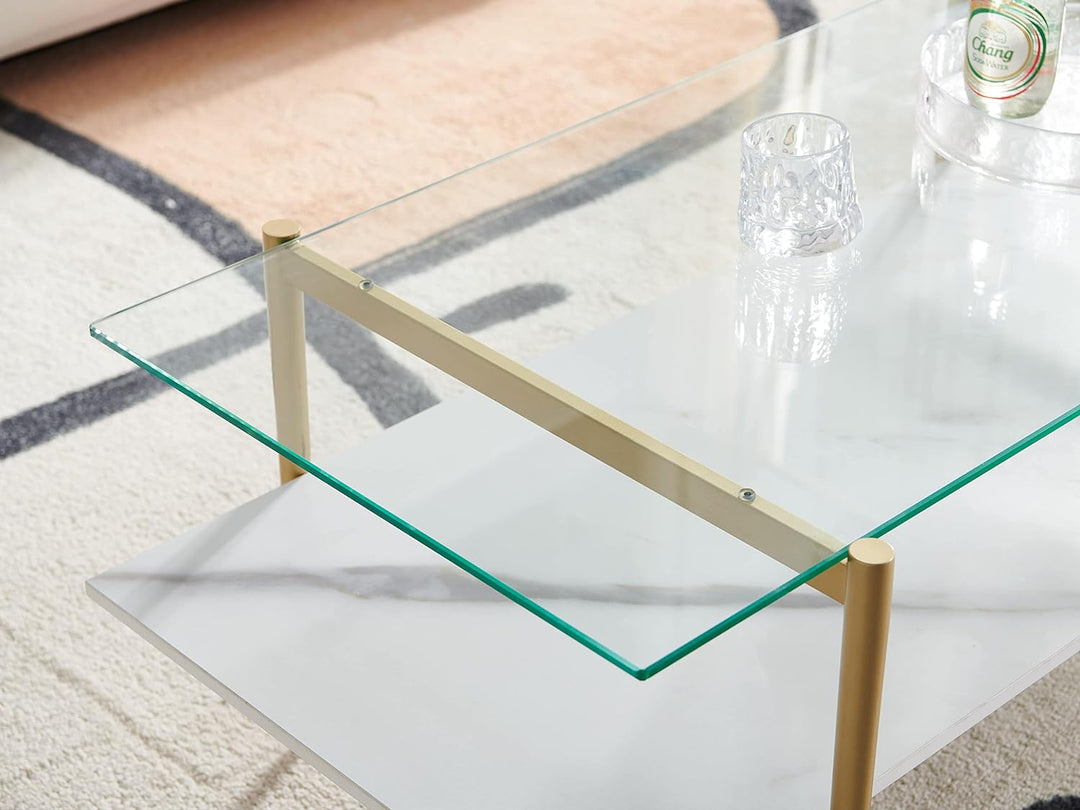 Elegant Glass Coffee Table, Double Layer Design, Gold Frame