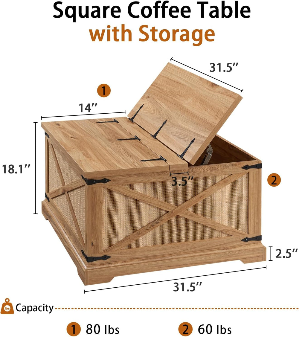 Farmhouse Coffee Table with Storage, Boho Rattan Wood Center Table, Rustic Cocktail Table with Hidden Storage, Natural