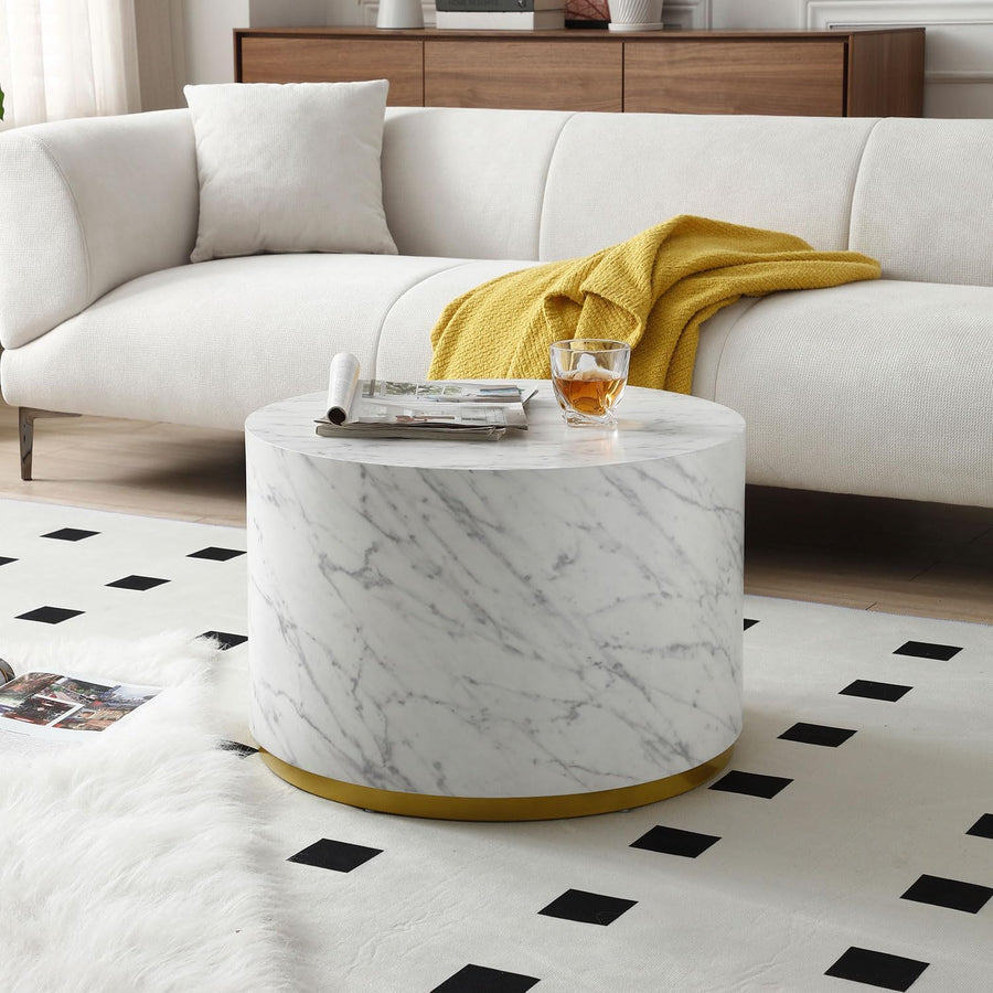 Modern Round Gold Drum Coffee Table, Circle Sofa Table, Marble White