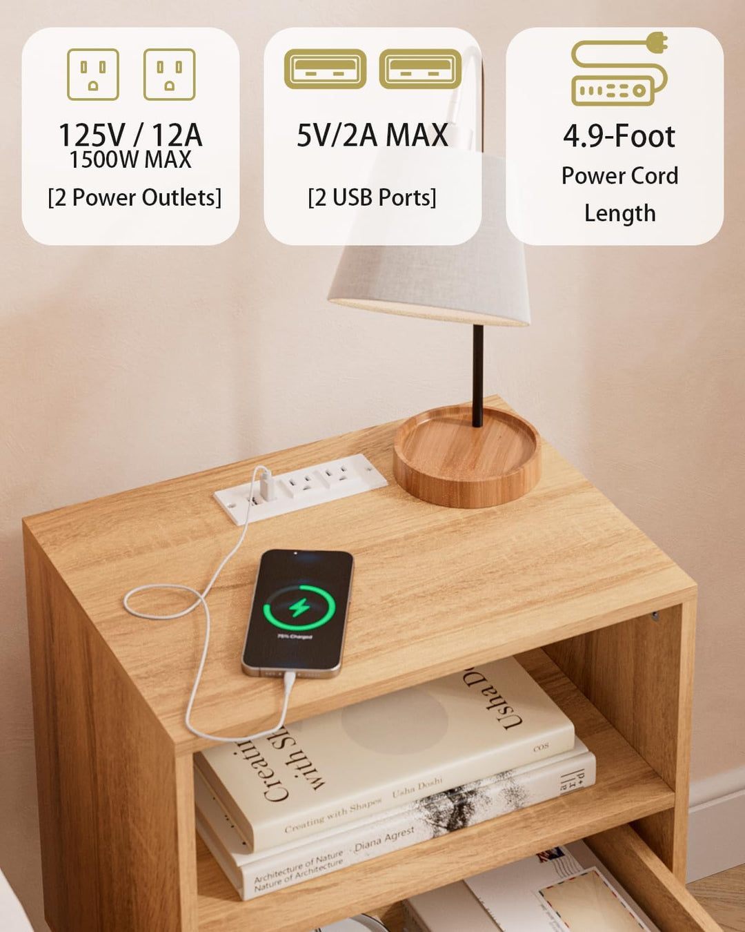 Nightstands with Charging Station, Rattan Drawers