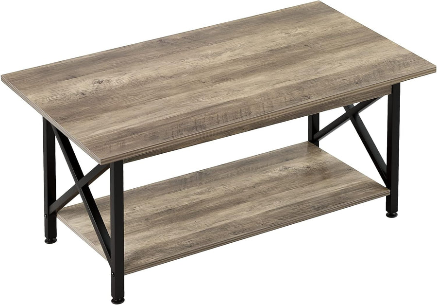 Rustic Farmhouse Coffee Table with Storage Shelf, Gray Wash