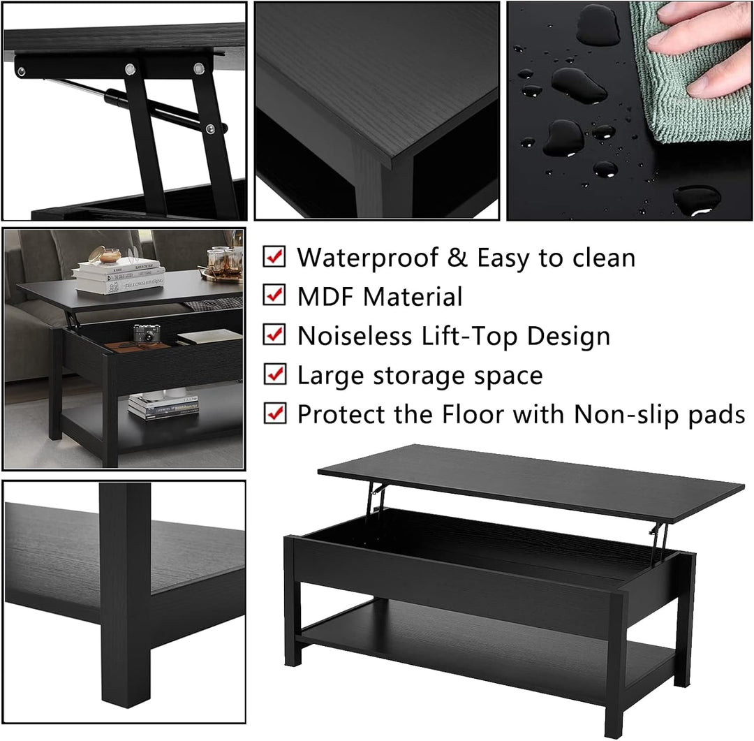 Lift Top Coffee Table with Hidden Compartment, Farmhouse, Black