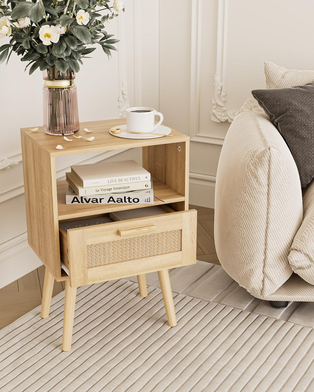 Rattan Nightstand, End Table with Storage for Bedroom