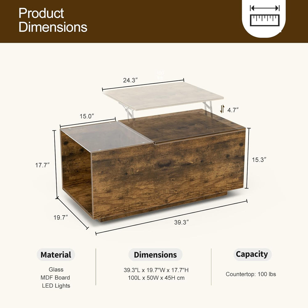 Rustic Lift-Top Coffee Table with LED Lights, Charging Station