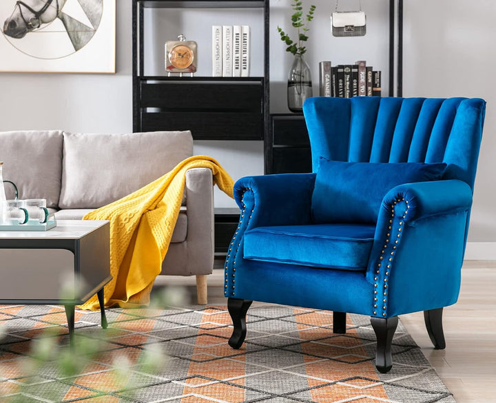 Blue Velvet Wingback Chair with Pillow