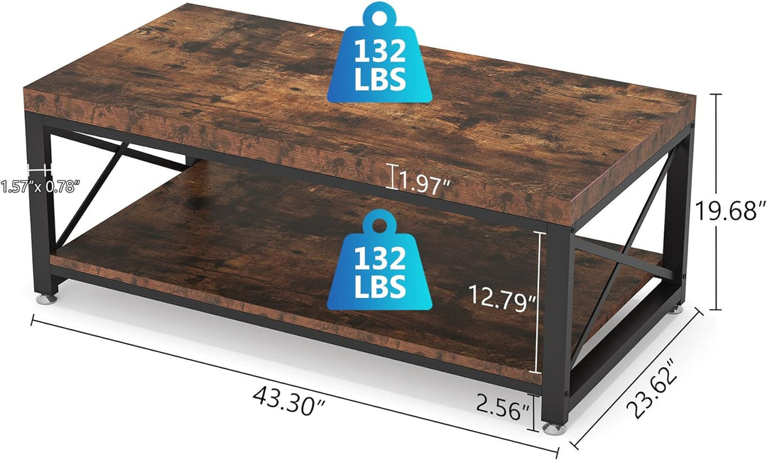 Tribesigns Industrial Coffee Table, 43 inch Cocktail Table, Rustic Brown