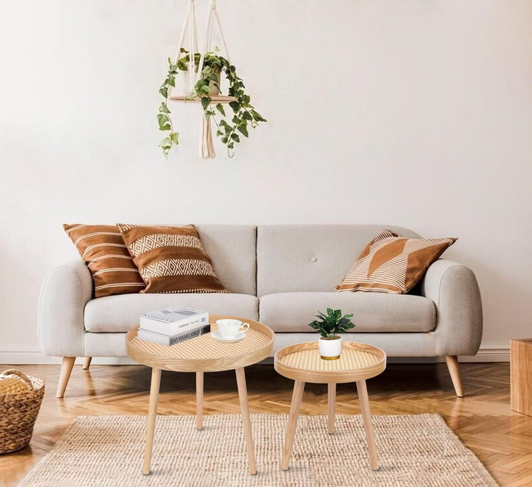 Round Boho Coffee Table Set, Natural Rattan Side Tables