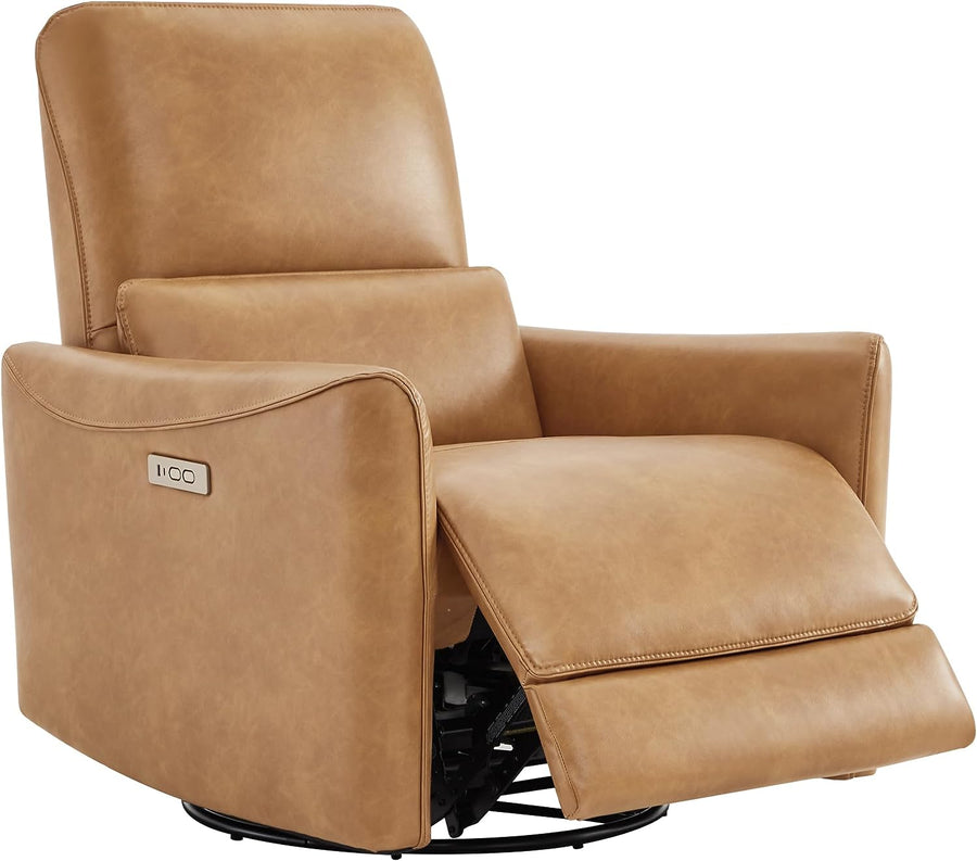 Power Recliner Chair Swivel Glider, FSC Certified Upholstered Faux Leather Living Room Reclining Sofa Chair with Lumbar Support, Cognac Brown