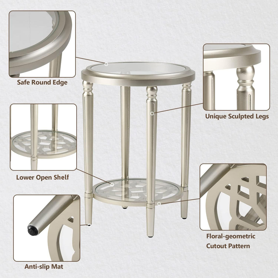 Elegant Modern Round End Table, 2-Tier Champagne Accent Table