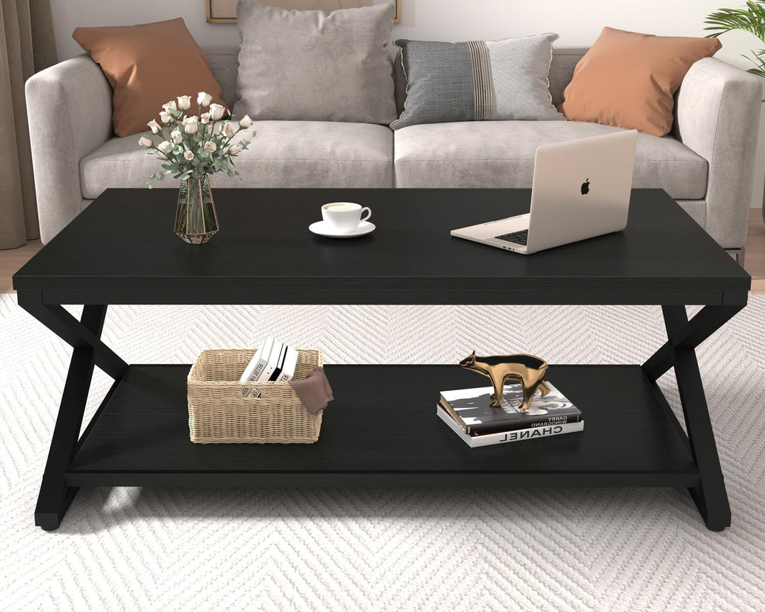 Minimalist Industrial Black Oak Coffee Table, 47-Inch Rectangle