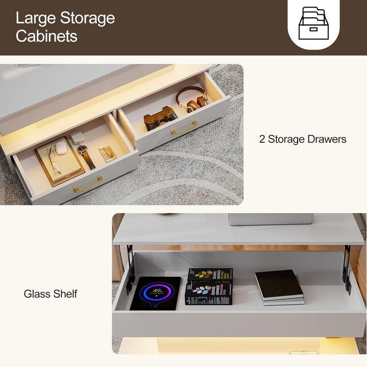 Lift Top Coffee Table with LED Lights, 2 Drawers, Hidden Compartment, White