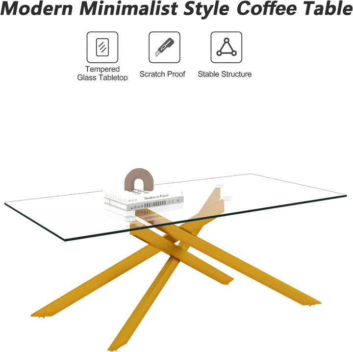 Modern Glass Coffee Table, Clear Tempered Glass, Golden Legs, Gold