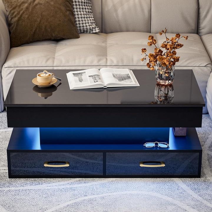 Lift Top Coffee Table with LED Lights, 2 Drawers, Black